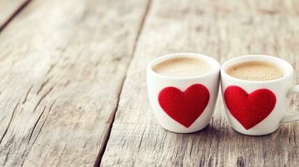 Sticker - Enjoy warm vibes with cozy coffee cups adorned in red hearts, perfect for sharing love in a rustic cafe atmosphere.