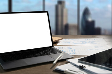 Poster - Laptop with blank screen on table. Workspace background new project on laptop computer with blank copy space screen for your advertising text message.