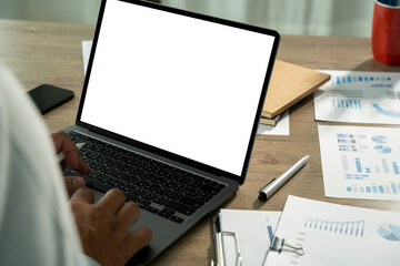 Poster - young man working Businessman using a desktop computer of the blank screen
