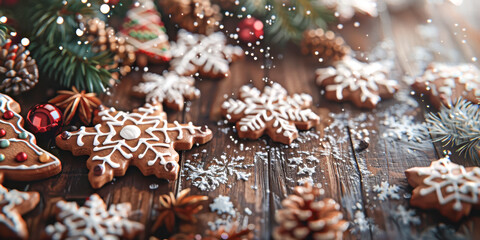 festive gingerbread cookies, snowflake shapes, holiday decoration with pinecones and fir branches on