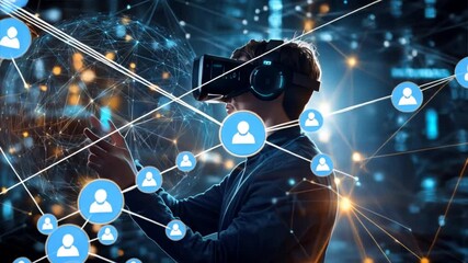 Poster - A smart individual using virtual reality goggles to access and interact with a complex global network, featuring holographic data and connections in the background