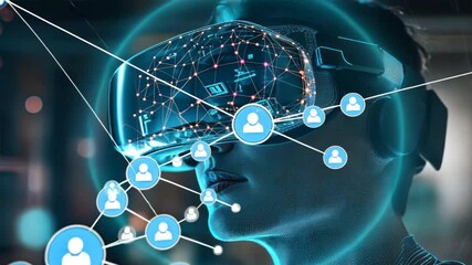Poster - A smart individual using virtual reality goggles to access and interact with a complex global network, featuring holographic data and connections in the background