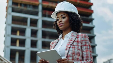 Poster - A stylish female architect walking through a construction site, wearing a hard hat and holding a tablet	