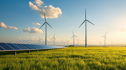 Sustainable energy landscape featuring solar panels and wind turbines under clear blue sky. scene captures harmony between technology and nature, promoting renewable energy solutions