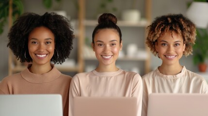 Wall Mural - Collaborating for Success: Three Diverse Business Women Discussing Strategy on Laptop in Office