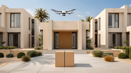 Delivering packages with solar powered drones in modern eco friendly setting, showcasing innovation and sustainability. scene features drone hovering above cardboard box in stylish residential area