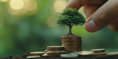 Poster - Close up of male hand stacking coins with green bokeh background, Business Finance and Money concept, Save money for prepare in the future. Trees growing on coin