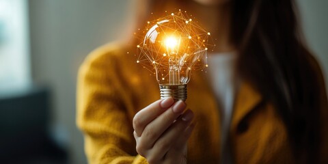 Aufkleber - woman Hand holding Light bulb Global Internet connection. Business global internet connection application technology and digital marketing, Financial and banking, Digital