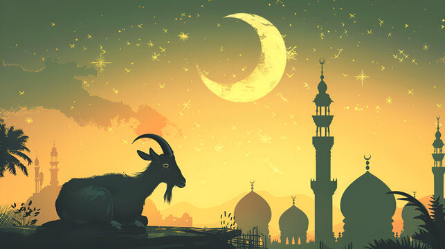 silhouette of a goat and Eid ul Adha background with a moon