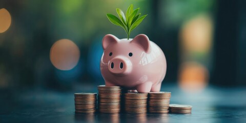 Leinwandbilder - business finance and saving money investment , Money coin stack growing graph with piggy bank saving concept. plant growing up on coin. Balance savings and investment