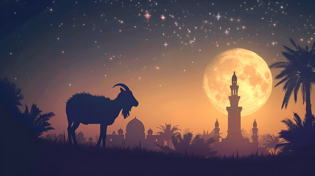 silhouette of a goat and Eid ul Adha background with a moon