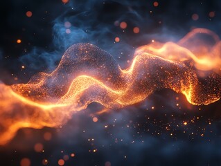 Poster - Abstract wave of glowing particles in blue and orange, resembling fire and smoke, against a dark background.