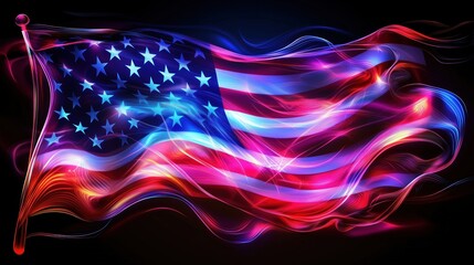 A vibrant and dynamic neon light effect American flag waving against a dark backdrop. Glowing lines and stars create an abstract design symbolizing freedom, peace, diversity, and unity. The dynamic li