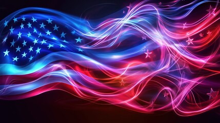 Fototapete - A vibrant and dynamic neon light effect American flag waving against a dark backdrop. Glowing lines and stars create an abstract design symbolizing freedom, peace, diversity, and unity. The dynamic li