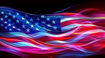 Fototapete - A vibrant and dynamic neon light effect American flag waving against a dark backdrop. Glowing lines and stars create an abstract design symbolizing freedom, peace, diversity, and unity. The dynamic li