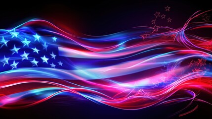 Fototapete - A vibrant and dynamic neon light effect American flag waving against a dark backdrop. Glowing lines and stars create an abstract design symbolizing freedom, peace, diversity, and unity. The dynamic li