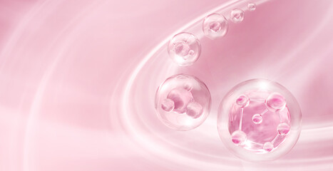 Skin Serum and Vitamin collagen with Molecule, Liquid Bubble on pink color background. 3d rendering.