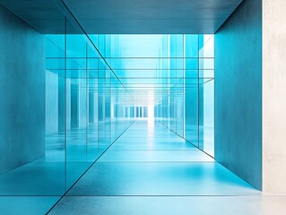 Poster - A modern, minimalist hallway with glass walls and a concrete floor. The hallway is brightly lit, and the glass walls reflect the light, creating a sense of depth and space.