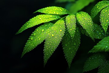 Poster - Close-up of dew drops on a lush green leaf against a dark background.