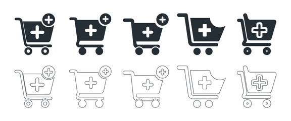 shopping cart with a plus of a black silhouette vector icon design