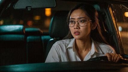 Asian woman wearing glasses driving at night