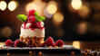 © kiewkoii - Elegant raspberry dessert with crumbly base, garnished with fresh mint and bokeh lights in the background. Ideal for food photography.