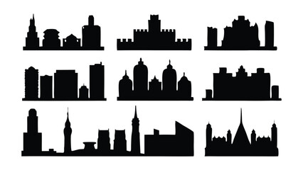 City silhouettes set isolated flat vector illustration on white background