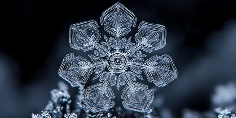 Poster - A delicate snowflake with intricate patterns and symmetry, captured in close-up detail against a dark blue background.
