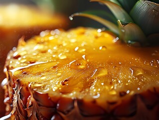 Close-up of a sliced pineapple with water droplets on the surface, showcasing its juicy texture and vibrant yellow color.