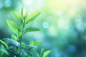 Poster - A close-up of a vibrant green plant with dew drops on its leaves against a bright, blurred background of nature.
