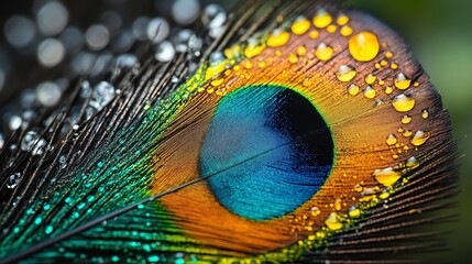 Aufkleber - A close-up of a peacock feather with water droplets on it.