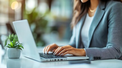 Aufkleber - Closeup of a businesswoman's hands typing on a laptop in a modern office.