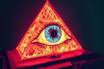 Poster - Neon glowing all-seeing eye and pyramid isolated against a black background.. Associated to Secret Knowledge, Global Surveillance, Dystopia, Cybersecurity, Propaganda, Mind Control, Generative Ai 