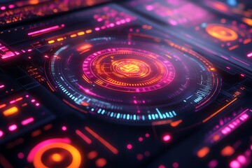 Poster - A futuristic, abstract technological interface with glowing neon lights.