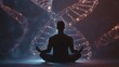© Alena - A man in a meditative pose, surrounded by glowing golden strands of DNA, symbolizing the harmony between body and science