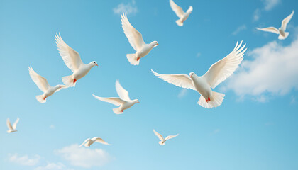 generative ai image of white doves in the sky as a peace and spiritual symbol of christian people