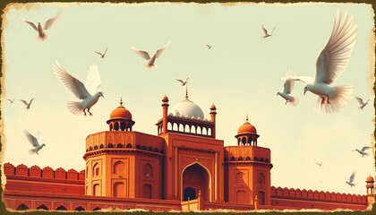 Vintage-style poster of the Red Fort with doves celebrating Indian Independence