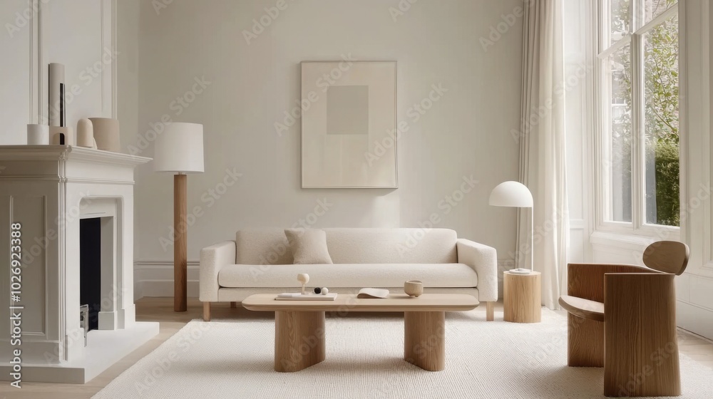 View of Bright Scandi living room with a neutral color palette, featuring clean ...