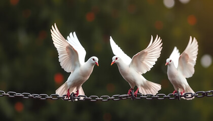 White doves in chains, for freedom day, peace day or juneteenth