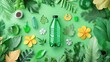 © wacharagorn - A vibrant arrangement of green items and leaves surrounding a plastic bottle, showcasing eco-friendly themes and nature.