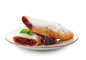 Poster - Plate with tasty cherry strudel and fresh berries on white background, closeup