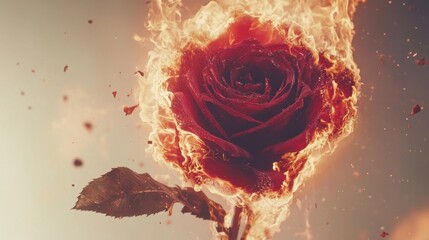 A dramatic image of a red rose engulfed in flames against a white ceramic background, symbolizing passion and destruction.