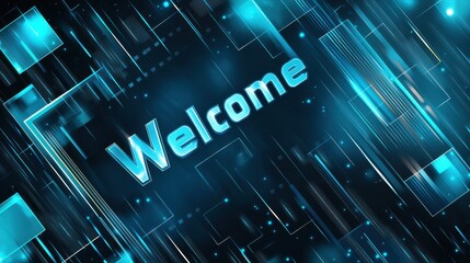 Poster - A futuristic blue banner with square shapes and bold 