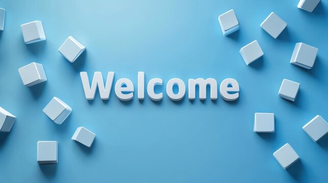 A futuristic blue banner with square shapes and bold 