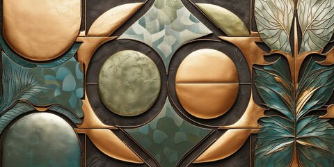 Wall Mural - Abstract geometric pattern with metallic gold, teal, and green tones.