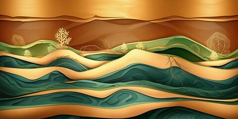 Wall Mural - Abstract paper cut landscape with golden hills and green valleys.