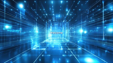 Poster - A modern blue banner with futuristic square designs and a large 
