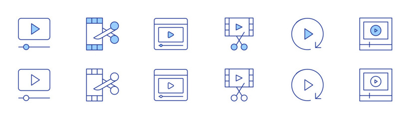 Video icon set in two styles, Duotone and Thin Line style. Editable stroke. advertising, film editing, online learning, video