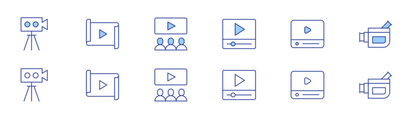 Video icon set in two styles, Duotone and Thin Line style. Editable stroke. video player, video, video camera, audience