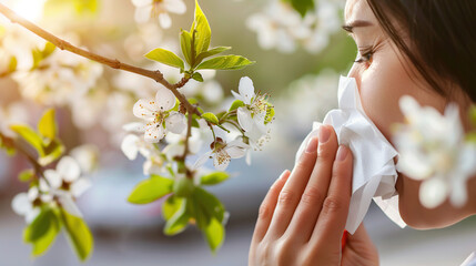 A person sneezing into a tissue, surrounded by blooming flowers and green leaves, symbolizing allergy season. The background is softly blurred to focus on the sneezing person, with copy space for text